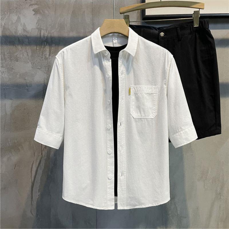 2024 New Summer Simplified Korean Edition Casual Loose Versatile Handsome Polo Collar Solid Color Mid Sleeved Shirt for Men