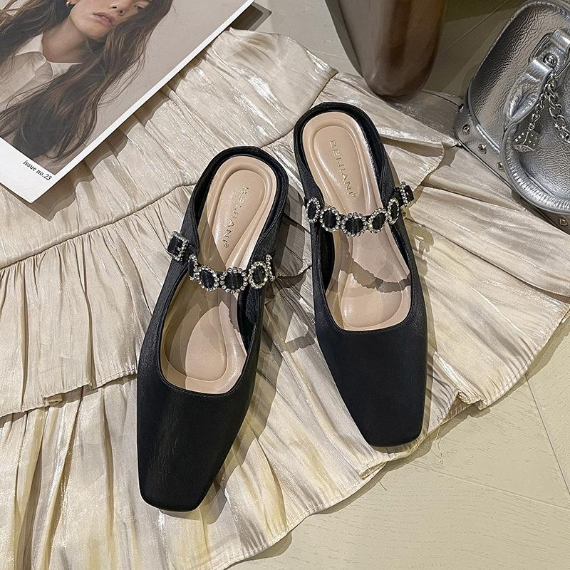 

Женские полутапочки с квадратным носком, с открытой пяткой, на толстом низком каблуке, Мэри Джейн с ремешком с бриллиантами, универсальные, мягкие 40 чёрный