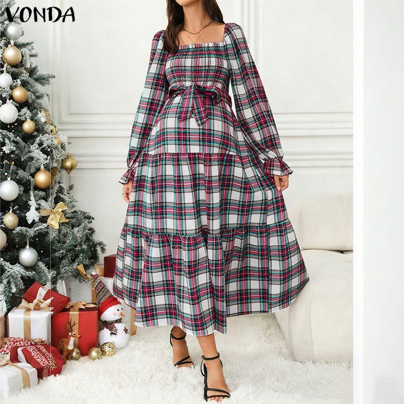 VONDA Rochie Midi Eleganta Retro pentru Femei cu Guler Pătrat, Mâneci Lungi Bufante, Curea, Imprimeu Carouri Vintage