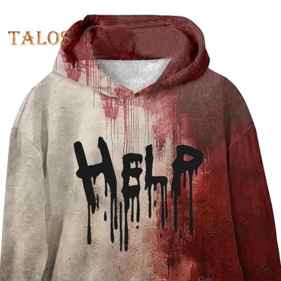 Women Hoodie 3D Bloodstain Print Halloween Vintage Haunted House Cosplay Top Hooded Long Sleeves Loose Hoodie