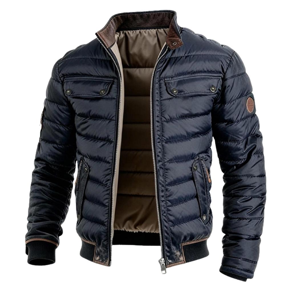 Men's Vintage Quilted Leather Jacket Color Zip-Up Winter Outdoor Coat with Patchwork Design