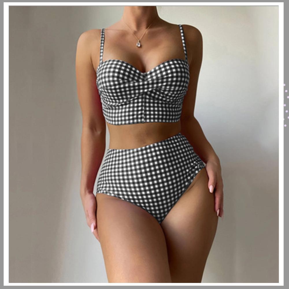

Женский комплект бикини в черно-белую клетку - Сексуальный купальник с эффектом пуш-ап для горячих источников Large