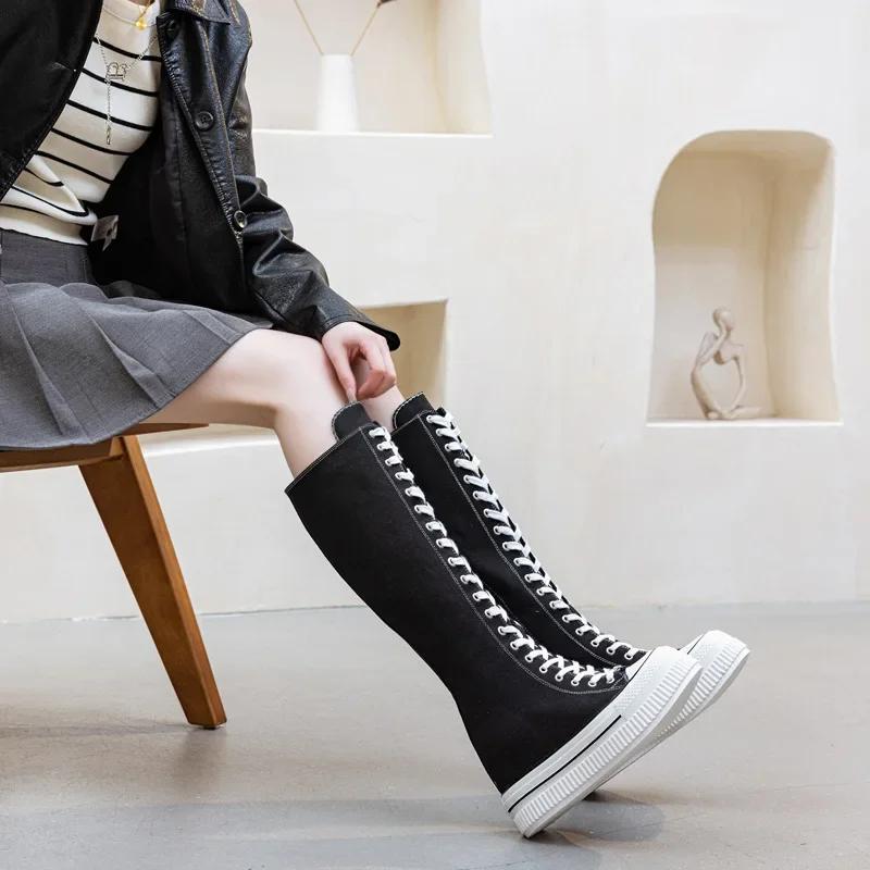 

13СМ Каблуки Женские Холщовые Ботинки Повседневные Высокие Кроссовки Длинные Ботинки На Шнуровке Молния Удобные Ботинки на Плоской Подошве Кроссовки Botas Para Mujer 38 чёрный