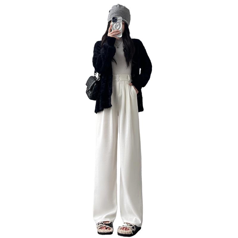 Women's Fleece-Lined Chenille Wide-Leg Pants: Tall, Draped, Casual Style for Spring & Autumn 2025
