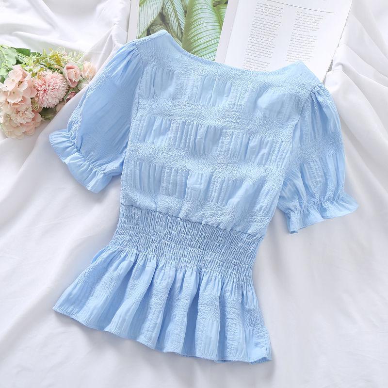 Ruffled Short-sleeve Shirt Nipped Waist Solid Pleated Button Down Top Female Chiffon Blouse Square Neck Chiffon Shirt