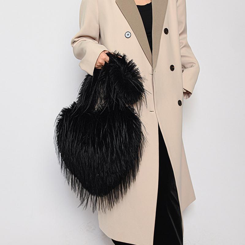 Yogodlns Long Plush Women's Large Shoulder Bag Luxury Faux Fur Female Love Shape Bags Y2k Punk Girls Fluffy Tote Handbags Crossbody Bag