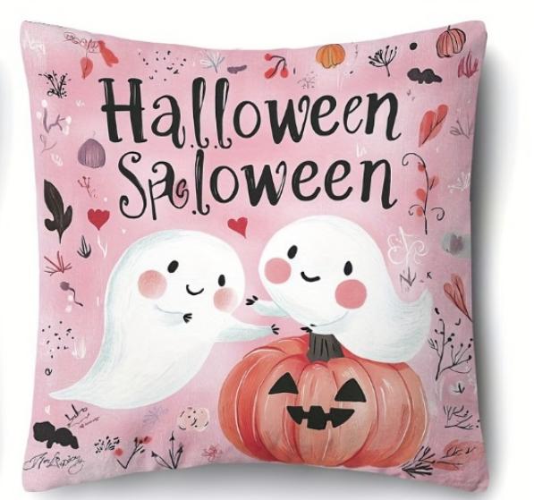 1pc Pink Halloween Cushion Cover with Ghost Pumpkin Pattern Doft Washable Cover for Holloween Themed Party Sofa Chair Decoration