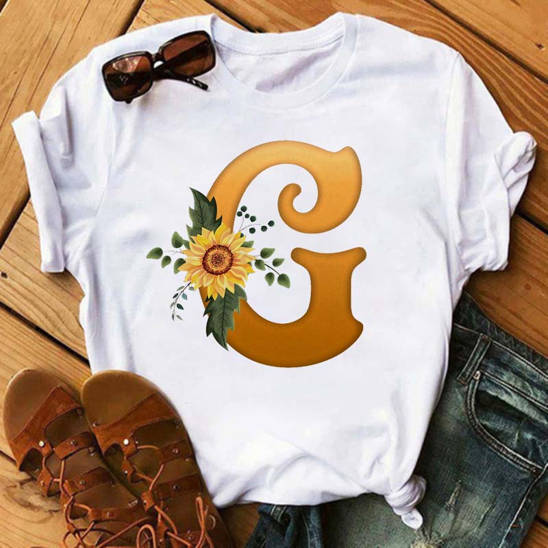 Maycaur Women's T Shirt Custom Name Letter Combination Print Tshirt Sunflower Letter Font A B C D E F G Short Sleeve Ladies Tops