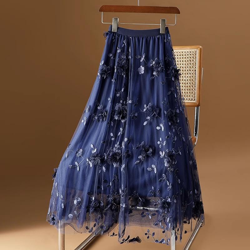 Women's Plus Size Ethnic Embroidered Floral Mesh A-Line Skirt