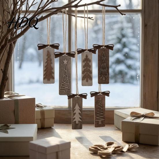 Christmas Tree Gift Tags Wooden Pendant with Lanyard Double Layer Solid Wood Holiday Party Favors Hanging Ornament Bow Decor for Home Winter