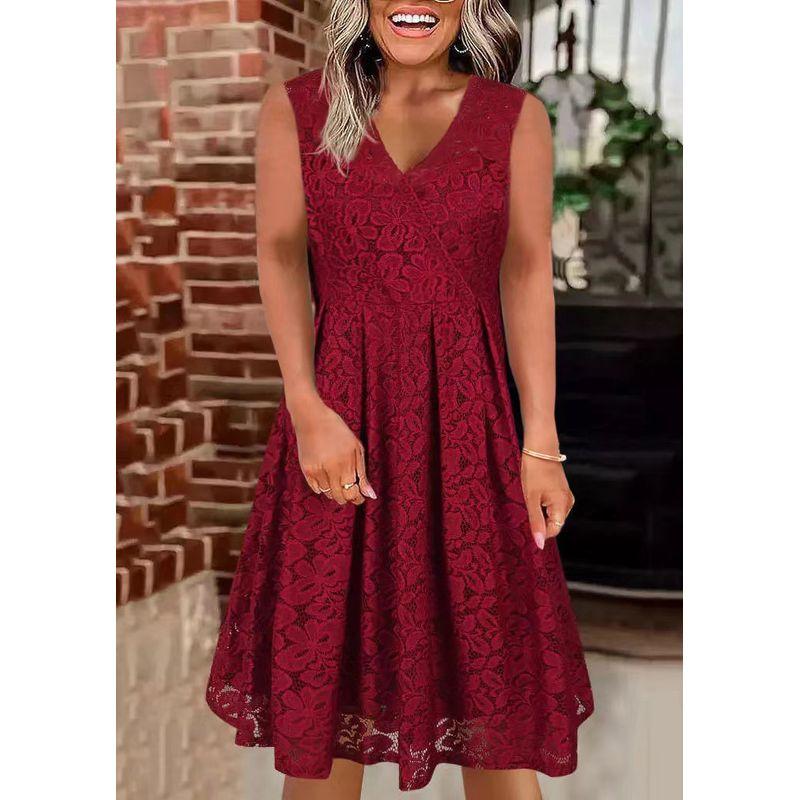 

Europe and America Cross Border Export Summer Women s V-neck Lace Dress Sleeveless Loose Large-Sized Skirt Vest Skirt Waist-Tight Pure Color Wine red L(Bust size 105)