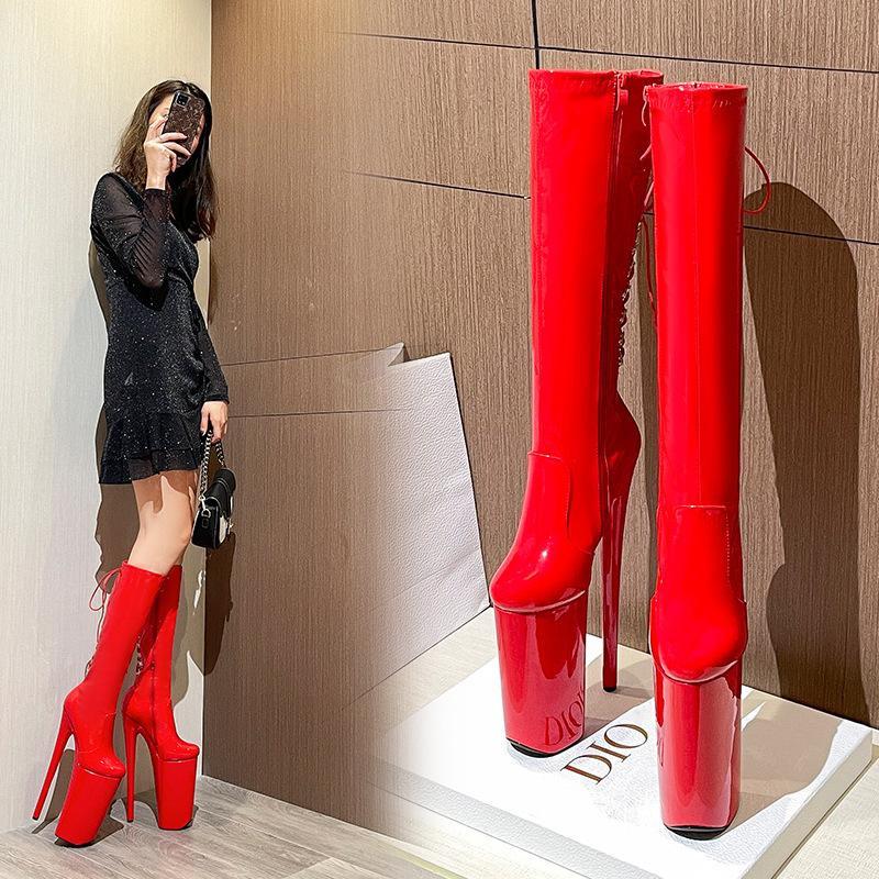 Botas hasta la rodilla superaltas de 26CM para mujer, zapatos finos de tacón alto con cremallera y cordones, Botas Largas con punta redonda para baile en barra para club nocturno