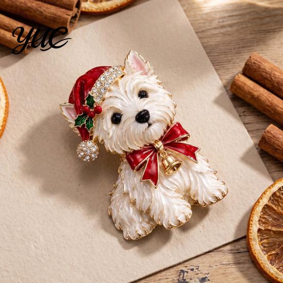 Holiday Party Accessory 1/2Pcs Christmas Yorkshire Terrier Dog Brooch, Santa Hat Puppy Lapel Pin with Rhinestones Rhinestones, Animal Badge for Coats