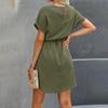 Womens Summer Short Dresses O Neck Casual Batwing-Short Sleeve Belted Dress For Women