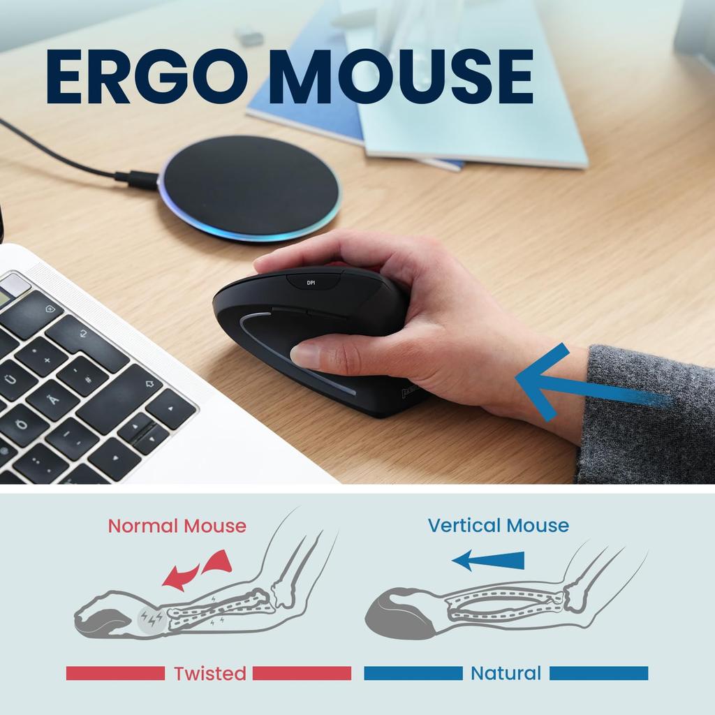 Perixx Wireless Rechargeable Ergonomic Mouse with Dual Wired and Wireless Charging Charging Pad Black PERIMICE-713RX - Included,