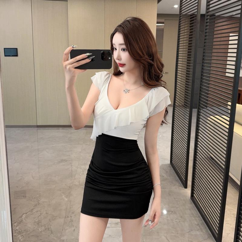 

Chic Women s Low-Cut Ruffle Sleeve Mesh Bodycon Pencil Dress Small