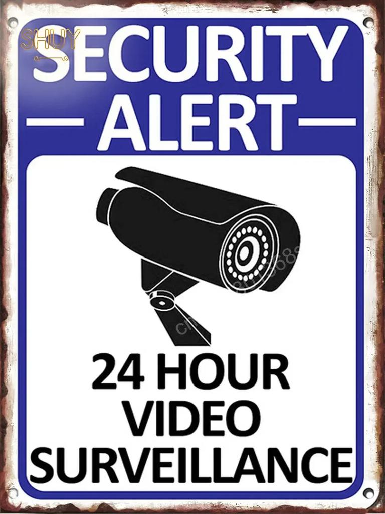 Retro Metal Tin Sign S Warning Red 24 Hour Video Surveillance Custom Painting Picture for Shop Bar Cafe English &Spanish Word