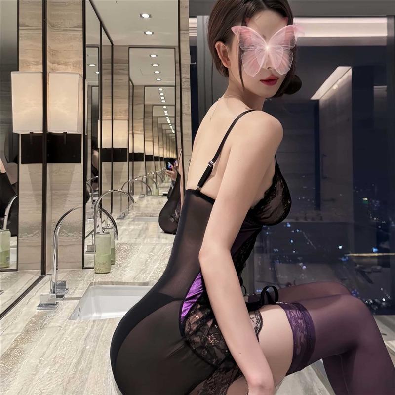 Purple Satin Lace Nightdress Erotic Costumes Sexy Lingerie Sets See-Through Mesh High Waist Bodycon Nightgown Exotic Babydolls