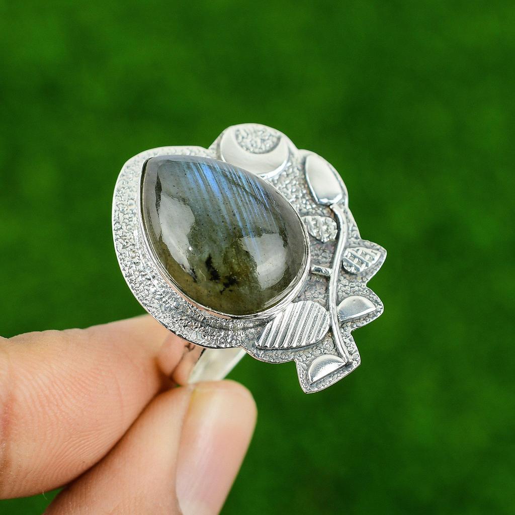 Natural Labradorite Cescent Moon Bezel Promise Birthday Ring 925 Sterling Silver