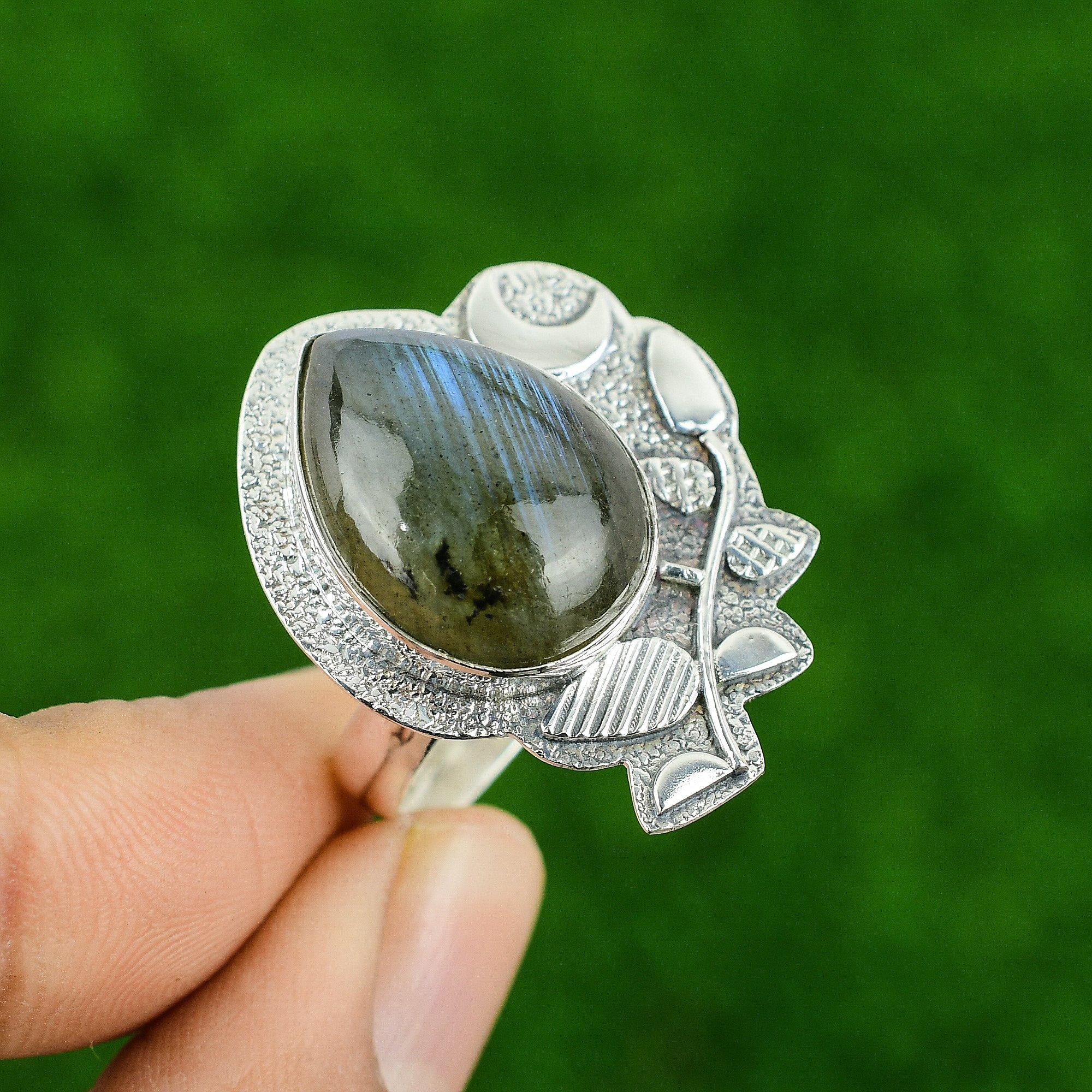 

Натуральный Лабрадорит Полумесяц Безель Обещание Кольцо на День Рождения 925 Стерлинговое Серебро Adjustable