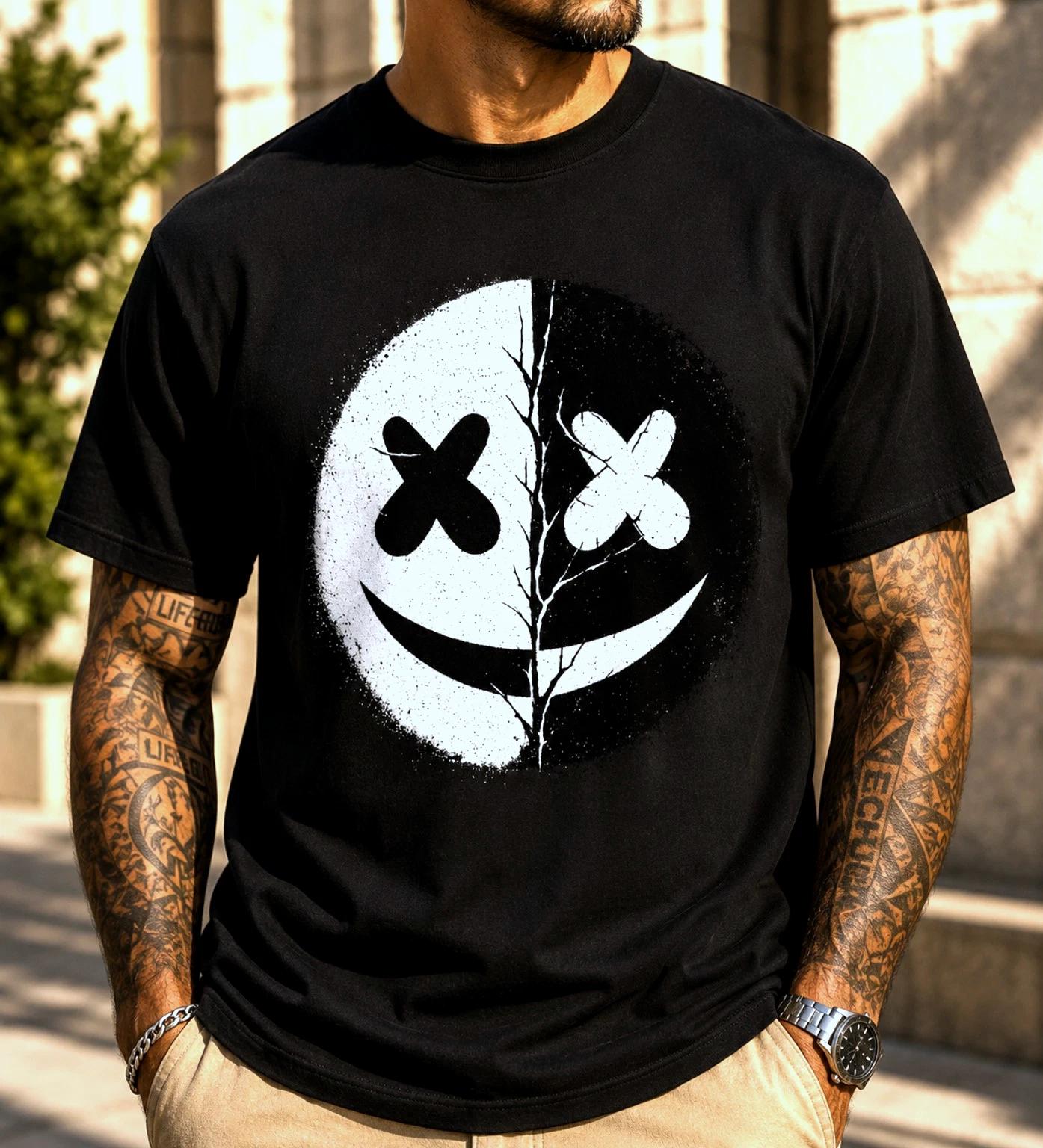 Y2K Grunge Smiley Face T Shirt Mens Distressed Streetwear Graphic Tee Size M-XL 3XL