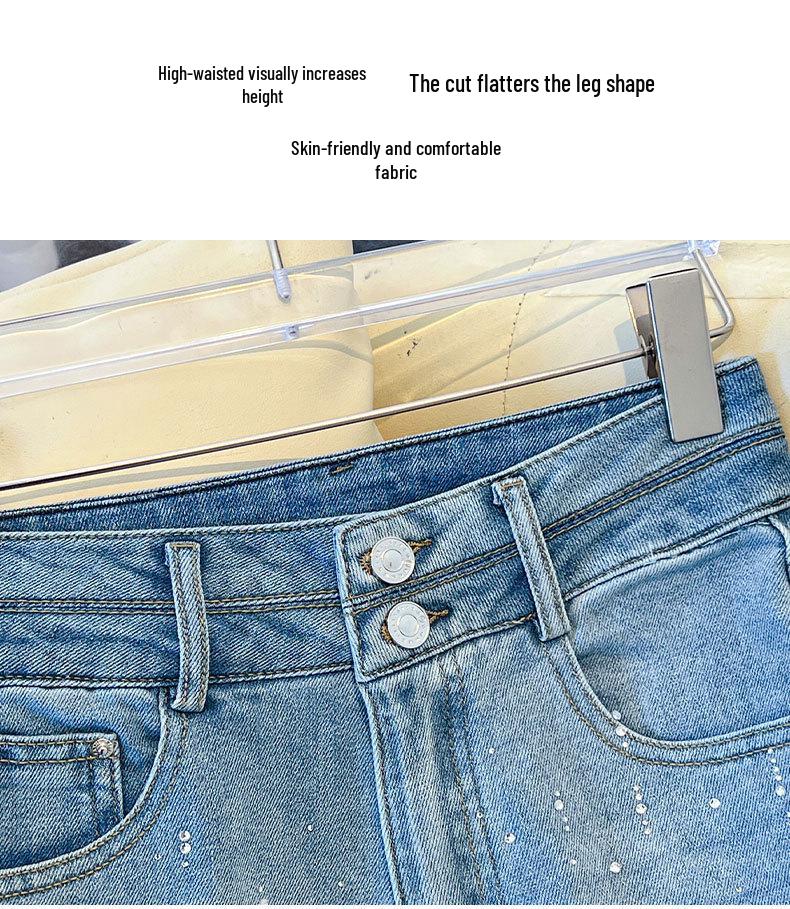 Women's High-Waisted Rhinestone Slim Fit Micro-Flare Denim Pants - 2026 Spring/Winter Trend
