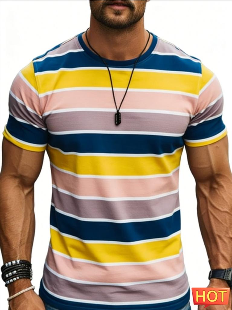 Summer Simple Striped Graphic T Shirts For Men Fashion Short Sleeve 3D Printed Crew Neck T-shirts Loose Breathable Top