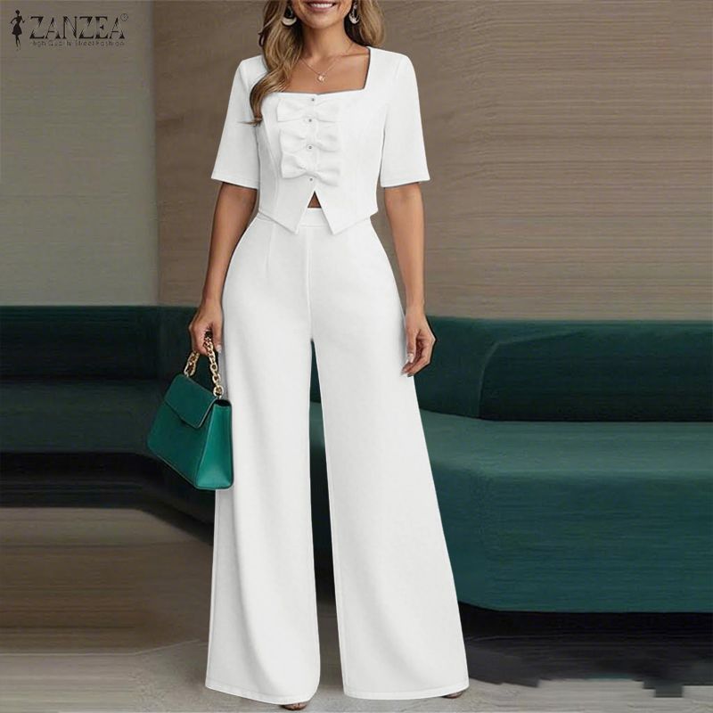 ZANZEA Women Short Sleeve Cropped Tops and Pants Summer Two Piece Suit Sets