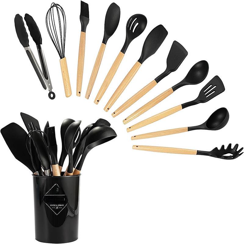 12-Piece Silicone Kitchenware Set with Wooden Handles: Non-Stick Cooking Spatulas and Tools