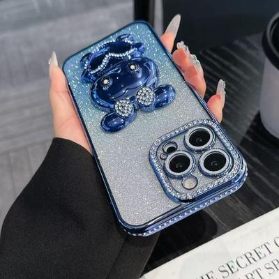 Etui z gradientem i cyrkoniami iPhone 17 ze stojakiem w kształcie króliczka z diamentami dla Apple 16 Pro Max - Błyszczące etui odporne na wstrząsy dla iPhone 15
