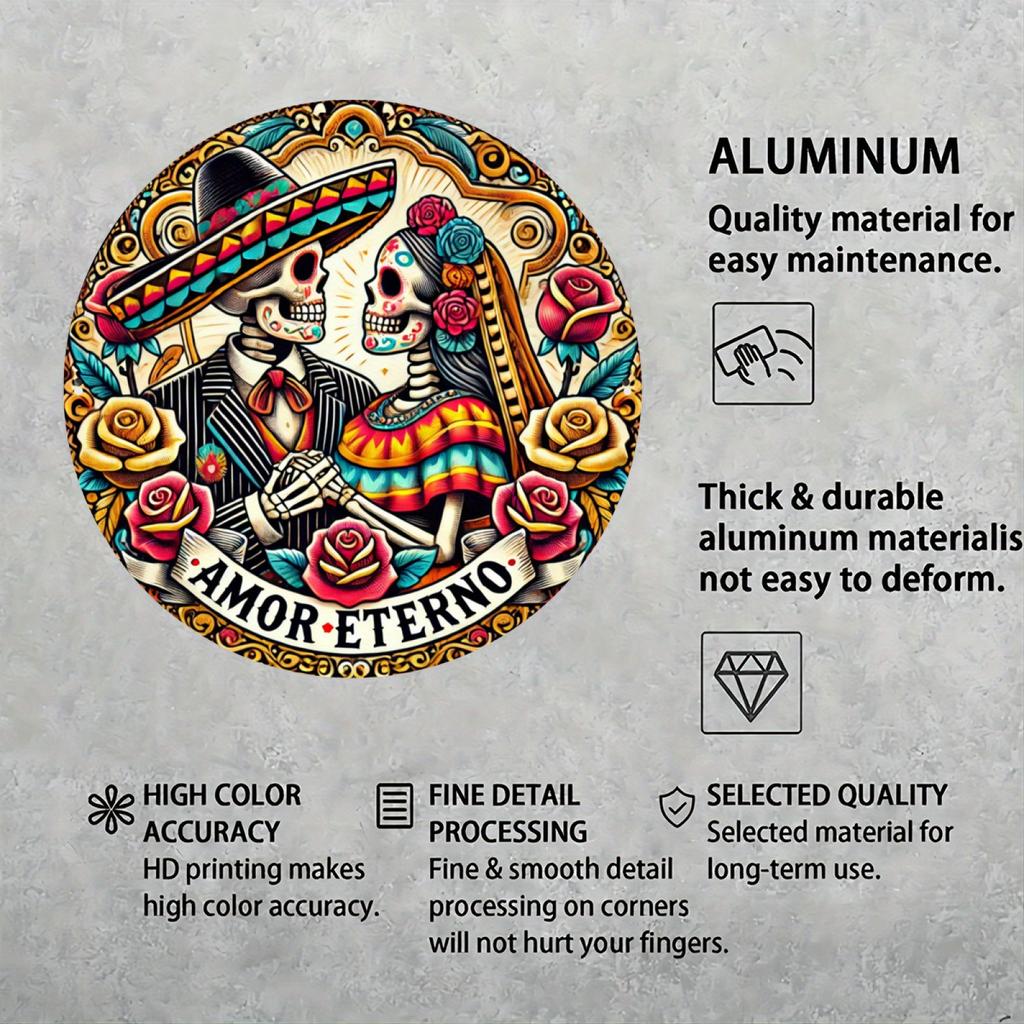 1pc Dia De Los Muertos Aluminum Wall Art, Eternal Affection Skeleton Couple Wreath, Round Metal Sign Decor, Festive Engraving