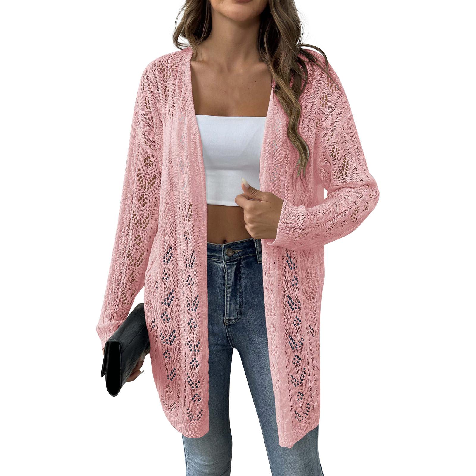 

Женская одежда Однотонный вязаный кардиган, повседневный свитер с открытым передом и длинными рукавами One Size розовый