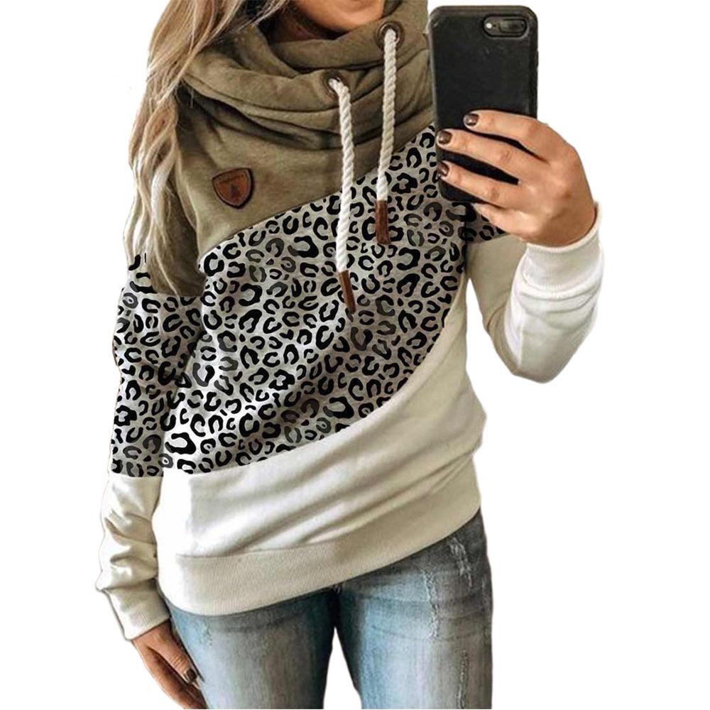 Frauen Leopardenmuster Patchwork Hoodie Kordelzug Rollkragen Kapuzenpullover Sweatshirt