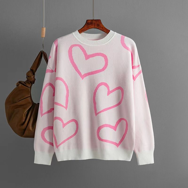 

Western Style Fashion Loose round Neck Love Contrast Color Sweater Loose round Neck Neck Neck Love Sweater Pink All yards