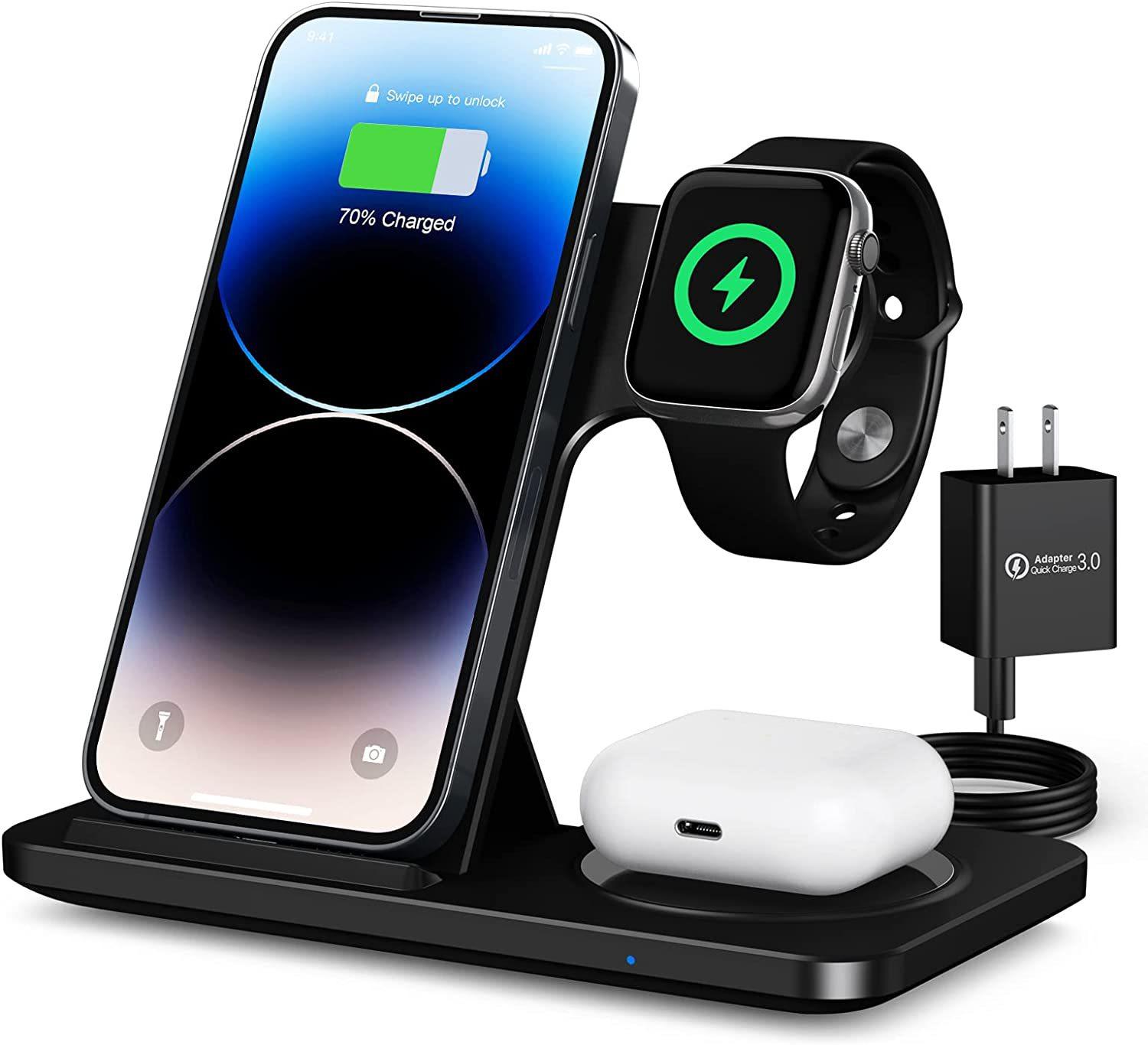 

Складана бездротова зарядна станція 3 в 1 для iPhone 11 12 Pro 13 14 Plus Apple Watch 7/6 для Samsung Galaxy Watch чорний