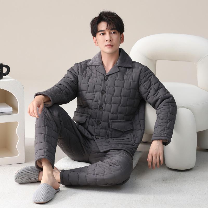 Pajamas Men'S Winter Coral Fleece Thickened Fleece Three-Layer Padded Jacket Autumn And Winter Warm Down Padded Homewear