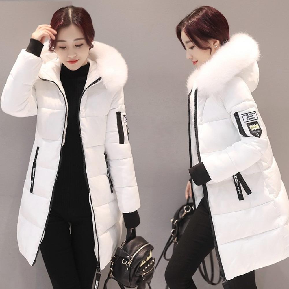 Women Winter Fur Collar Hooded Parka Fashion Letter Patch Zipper Pockets Design Long Jacket Elegant Slim Warm Thick Female Coats