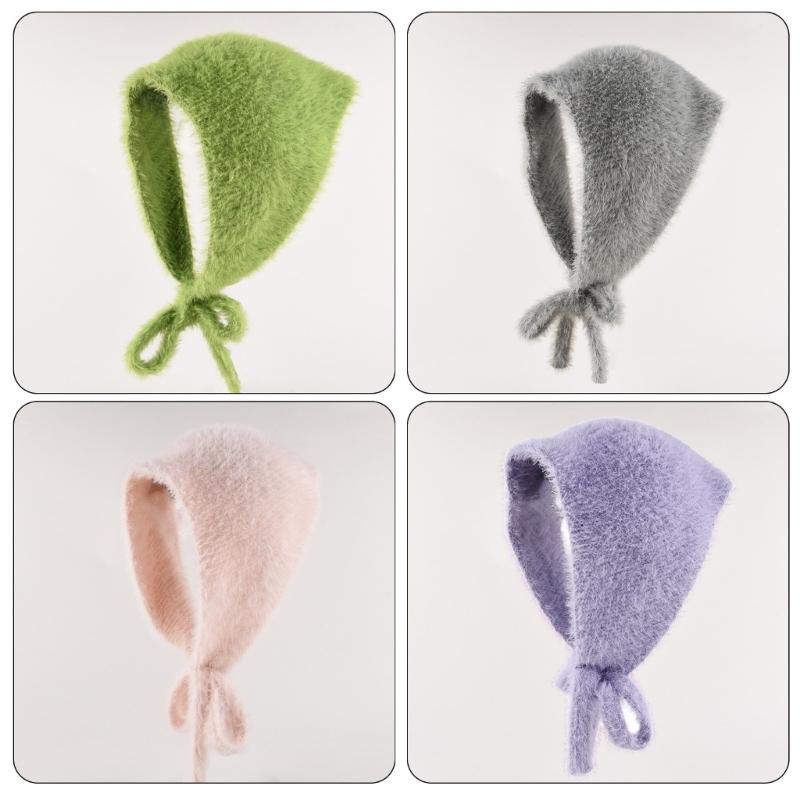 French Knitted Bandana Polyester Plush Solid Color Comfortable and Warm For Women and Girl Daily Use Winter Headwear