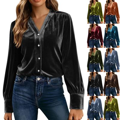 Women Casual Button Down Long Sleeve Tunic Elegant Velvet  Tops