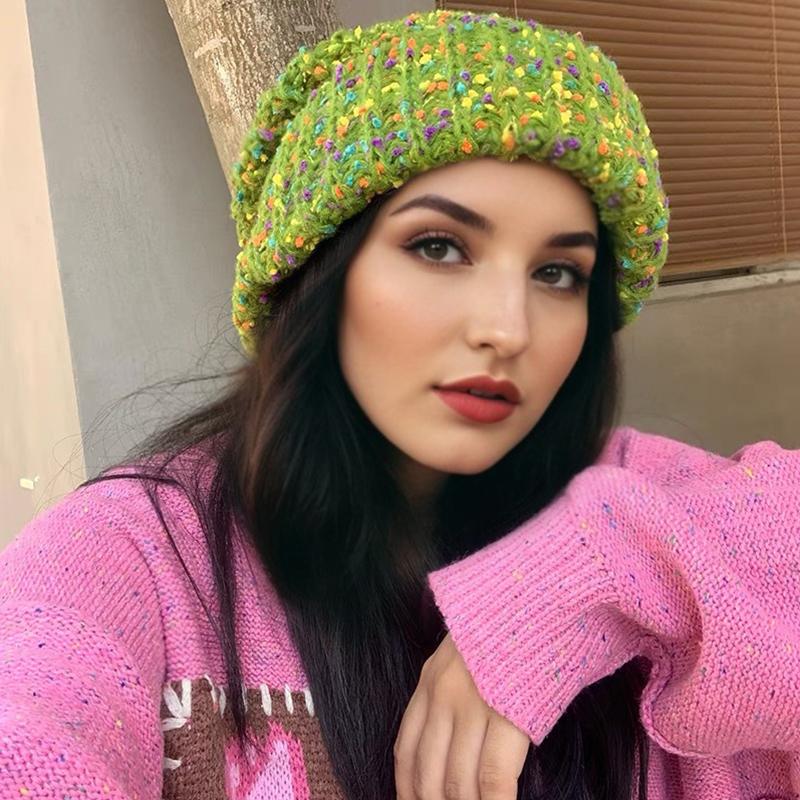 55-59cm Strickmütze Hoher Stretch Beanie Niedlich Einheitsgröße Verspielt Dickes Garn Wärme Handgefertigt Häkeln Mode Mehrfarbig