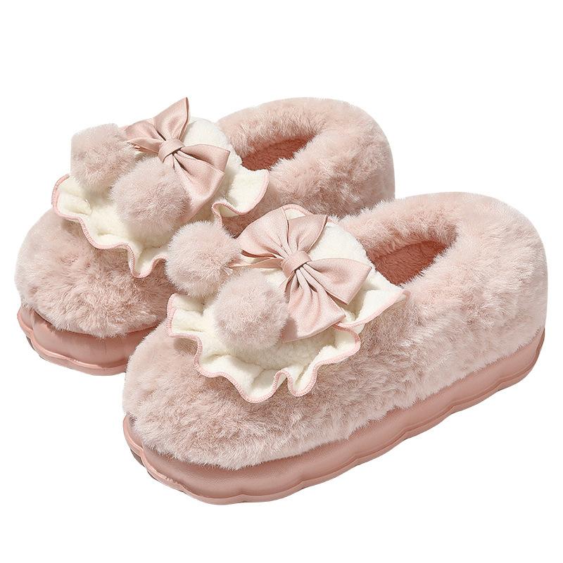 Couple bow cotton slipper bag heel women's season fleece thickened men's plush warm non-slip cotton shoes men