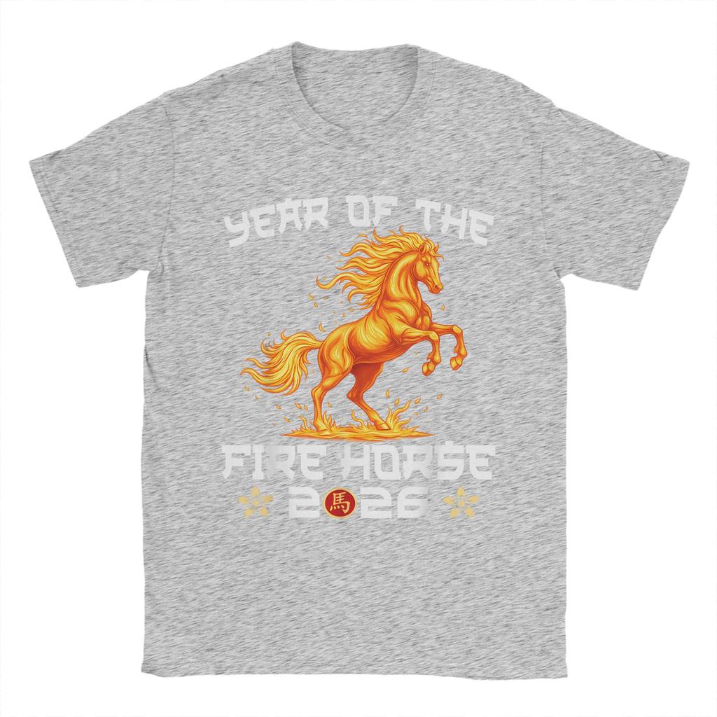 Mens TShirt Year of The Fire Horse New Year 2026 Zodiac Horse Pure Cotton Tees Short Sleeve  T Shirts O Neck Tops Unique