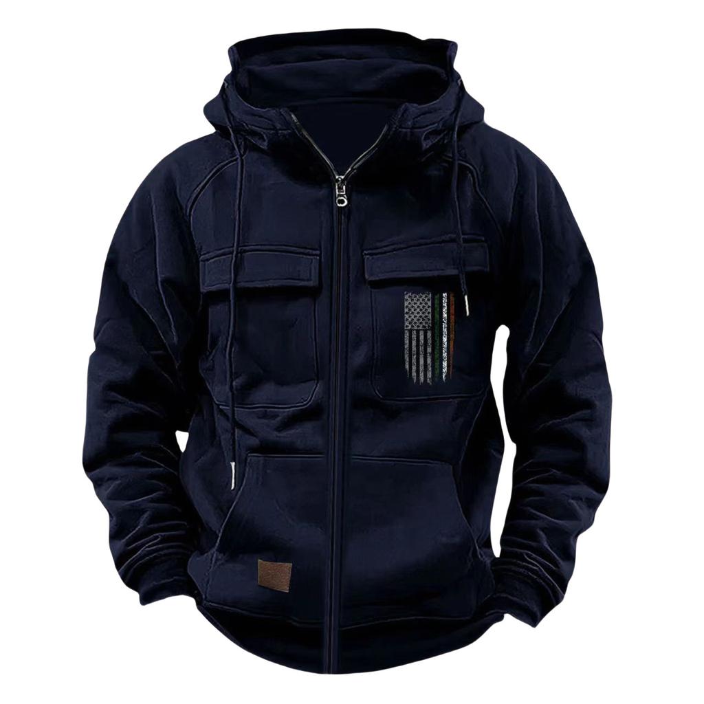 Autumn Winter Men's Hooded Hoodies Printed Zipper Loose Casual Sports Hooded Sweatshirt American Jacket