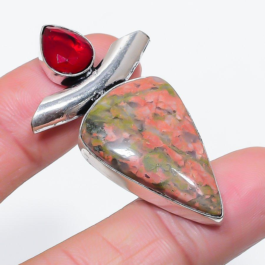 Natural Unakite, Garnet Gemstone 925 Sterling Silver Jewelry Pendant 1.97" u5P78
