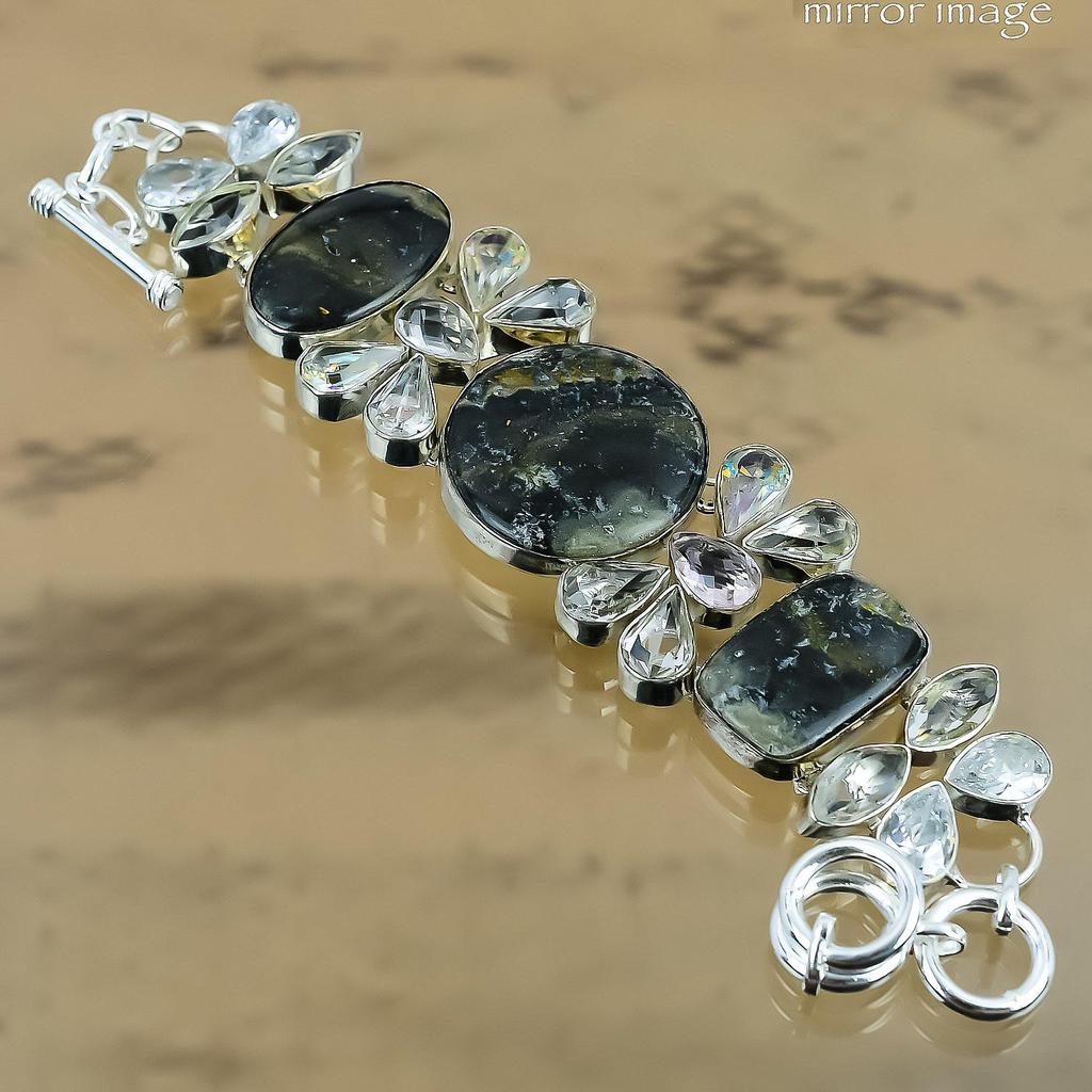 Natural Bumble Bee Jasper Gemstone Chain Black Adjustable Bracelet 925 Silver