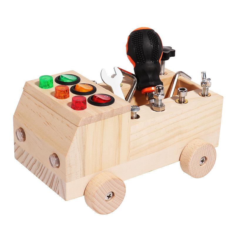 Children'S Wooden Led Switch Busy Board Disassembly And Assembly Screw Nut Tool Cart Montessori Early Education Educational Toy