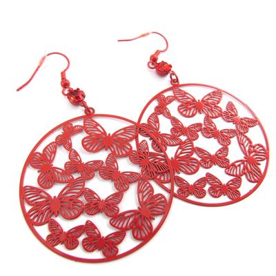 [P7391] - Red 'Butterflies' Designer Earrings - 60x45 Mm