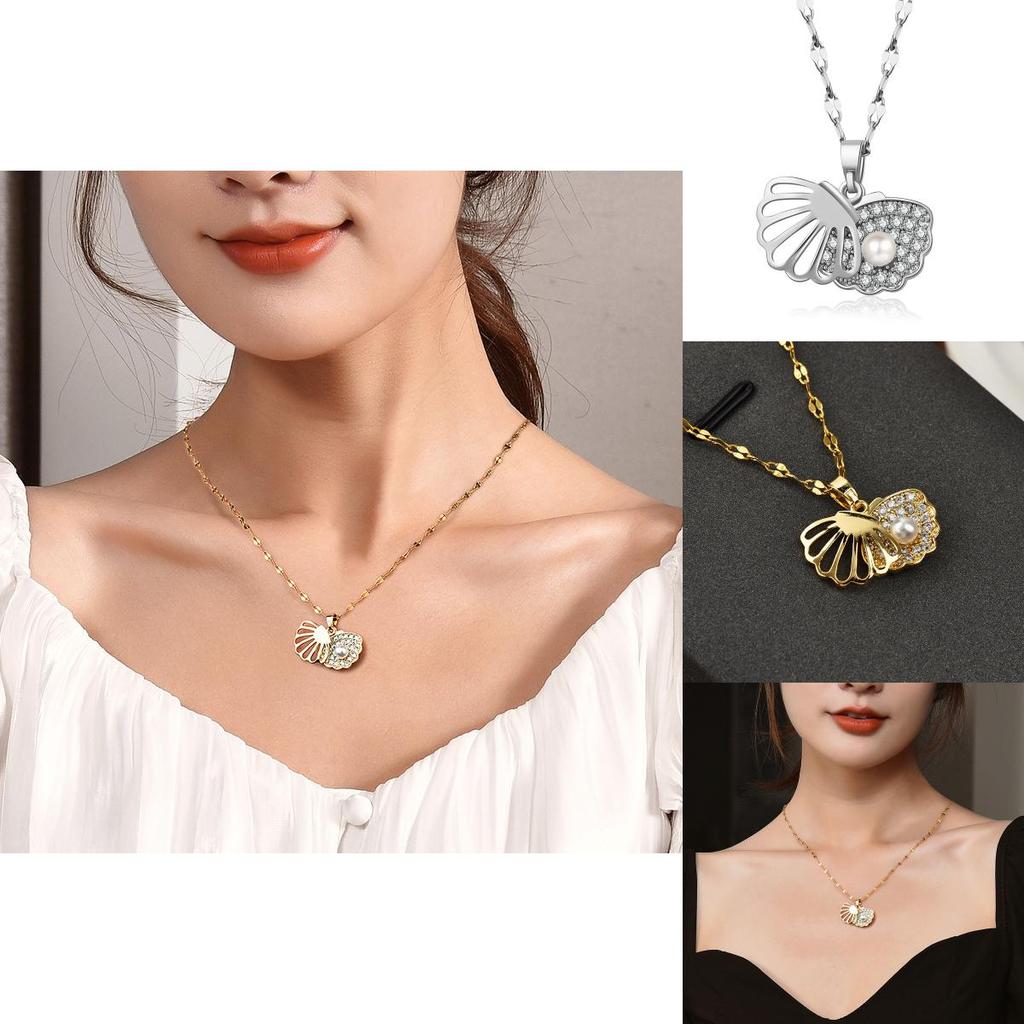Elegante Colar de Pérolas de Concha Para Mulheres Design Minimalista Estiloso Com Titânio e Pingente de Liga