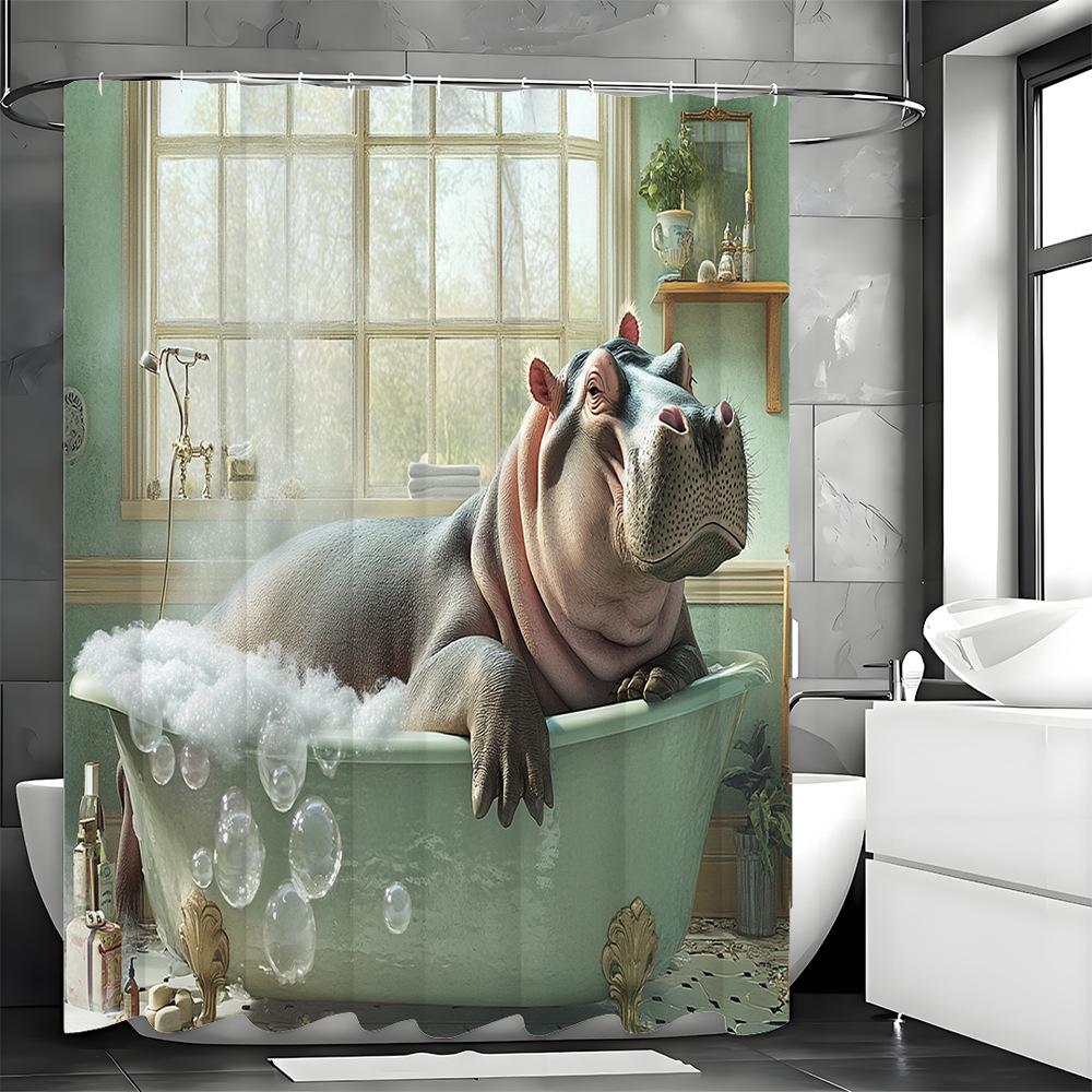 Cute Bathing Hippo Shower Curtain Washable Dirt-Resistant Shower Head waterproof Polyester Bath Curtain For Home Decor