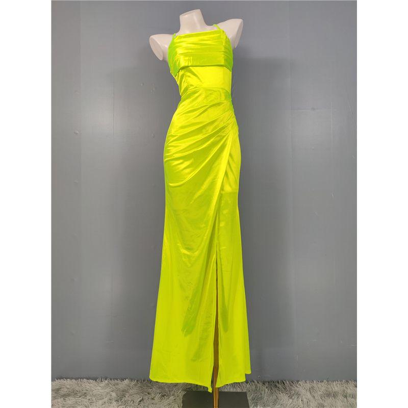 

Export Fashion White Retro Spaghetti Straps Open Back High Quality Smooth New Arrival Self-Tie Slit Hip Bag Dress Multicolor Fluorescent yellow L